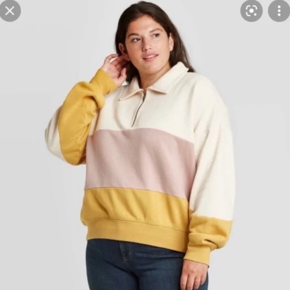 Universal Thread Colorblock Quarter Zip Sweatshirt Size Medium M Yellow Pink - Picture 1 of 4